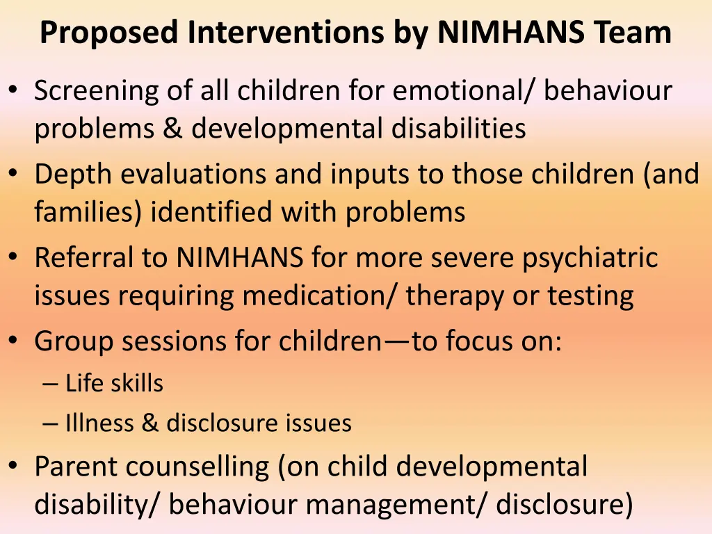 proposed interventions by nimhans team
