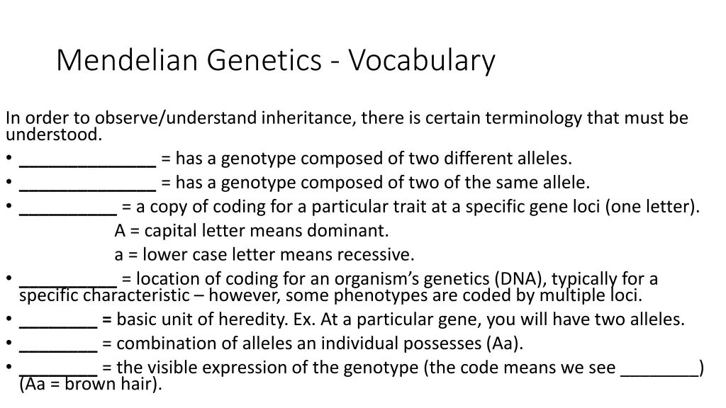 mendelian genetics vocabulary