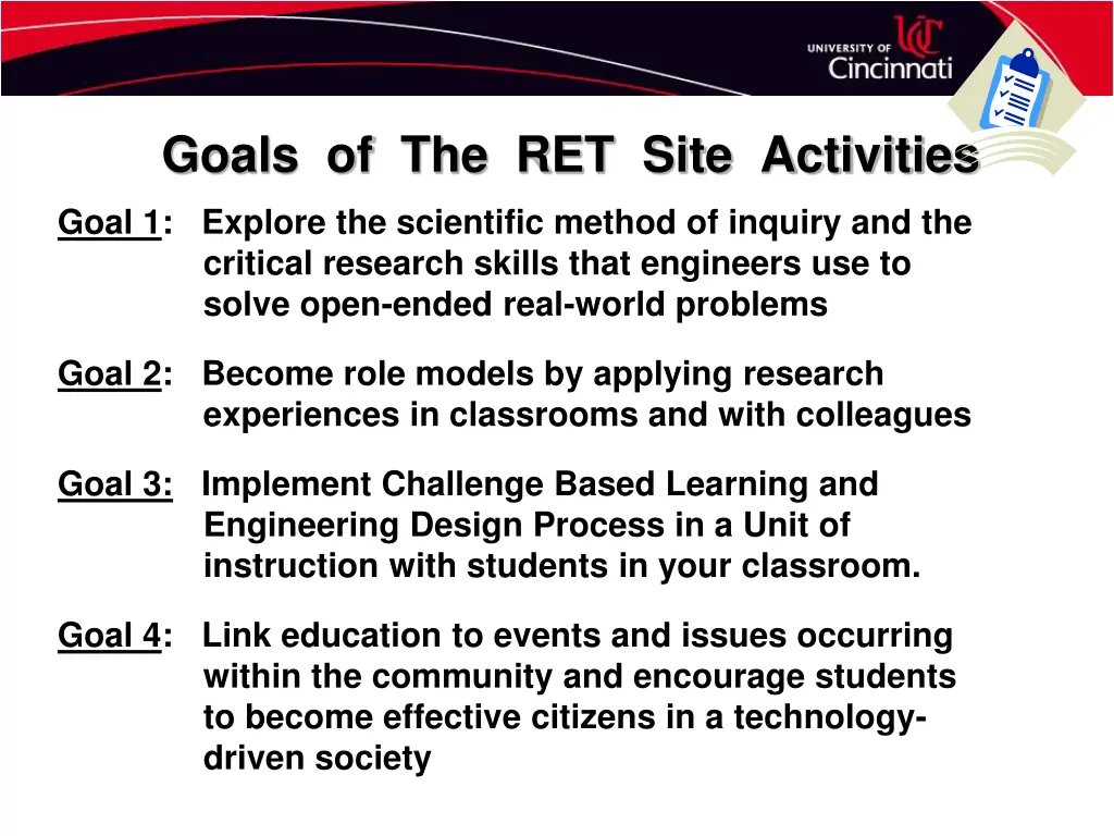 goals of the ret site activities