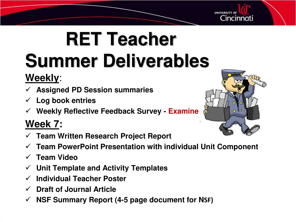 ret teacher summer deliverables weekly assigned