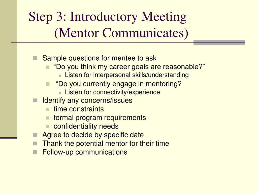 step 3 introductory meeting mentor communicates