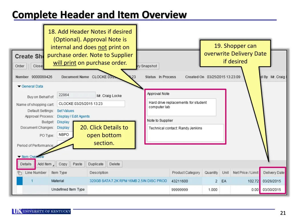complete header and item overview