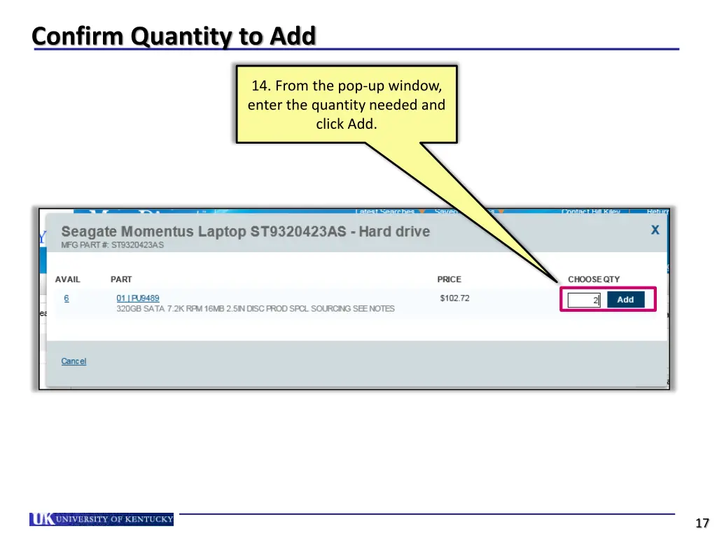 confirm quantity to add