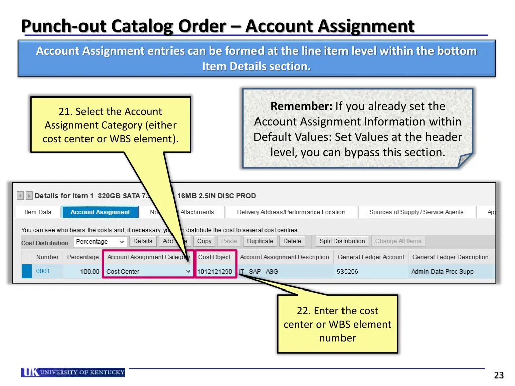 punch out catalog order account assignment