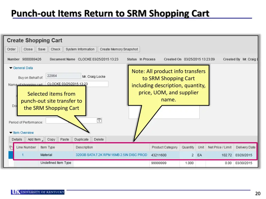punch out items return to srm shopping cart