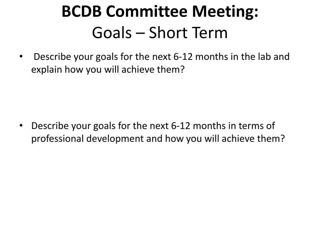 bcdb committee meeting goals short term