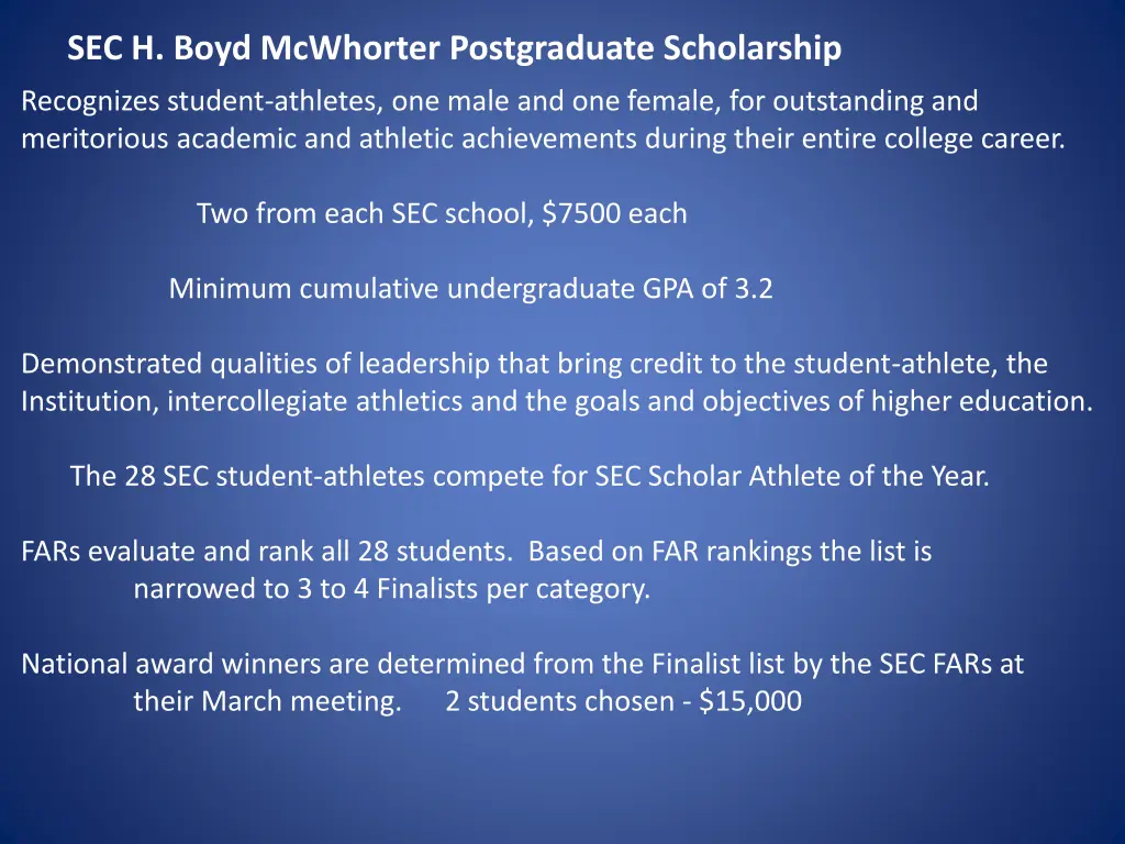 sec h boyd mcwhorter postgraduate scholarship