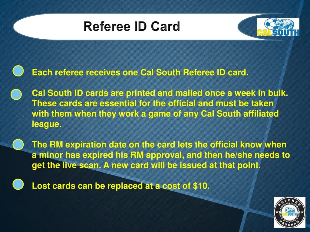 each referee receives one cal south referee