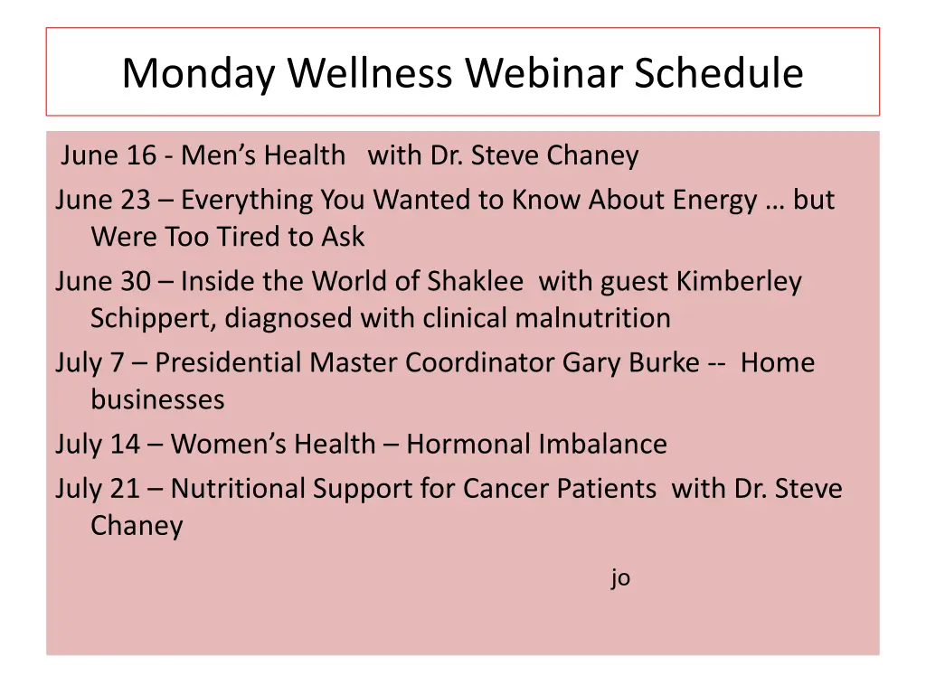 monday wellness webinar schedule