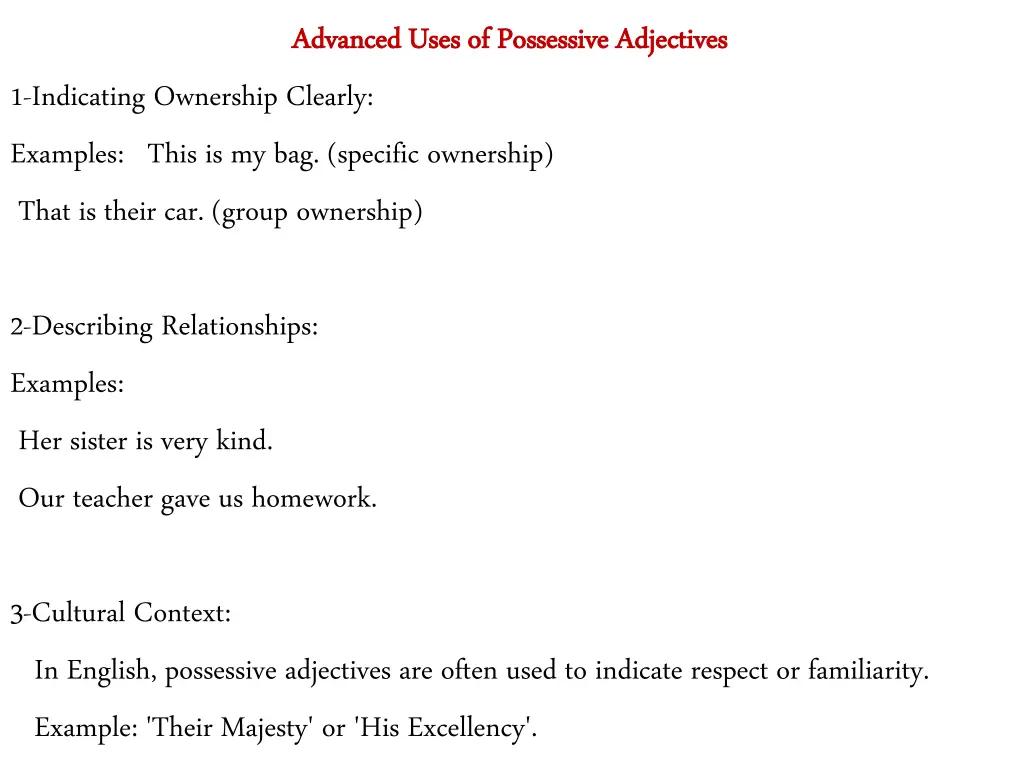 advanced uses of possessive adjectives advanced