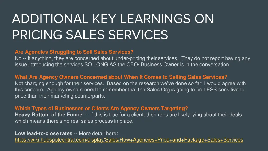 additional key learnings on pricing sales services