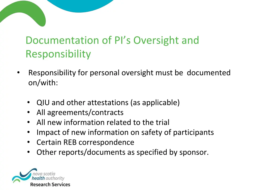 documentation of pi s oversight and responsibility