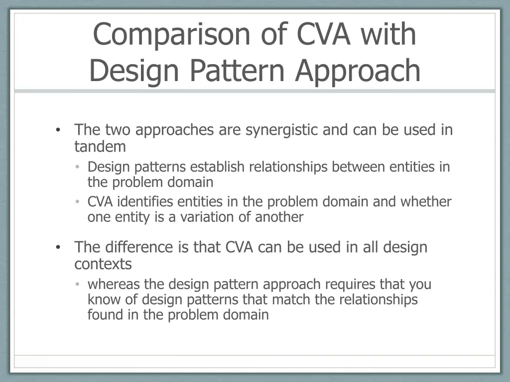 comparison of cva with design pattern approach