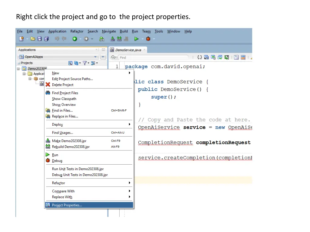 right click the project and go to the project