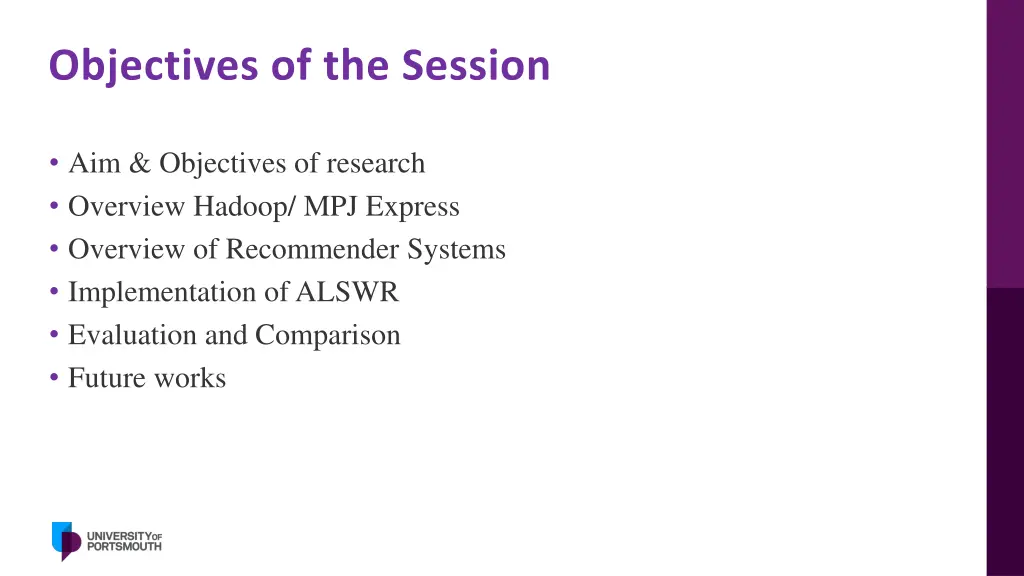 objectives of the session