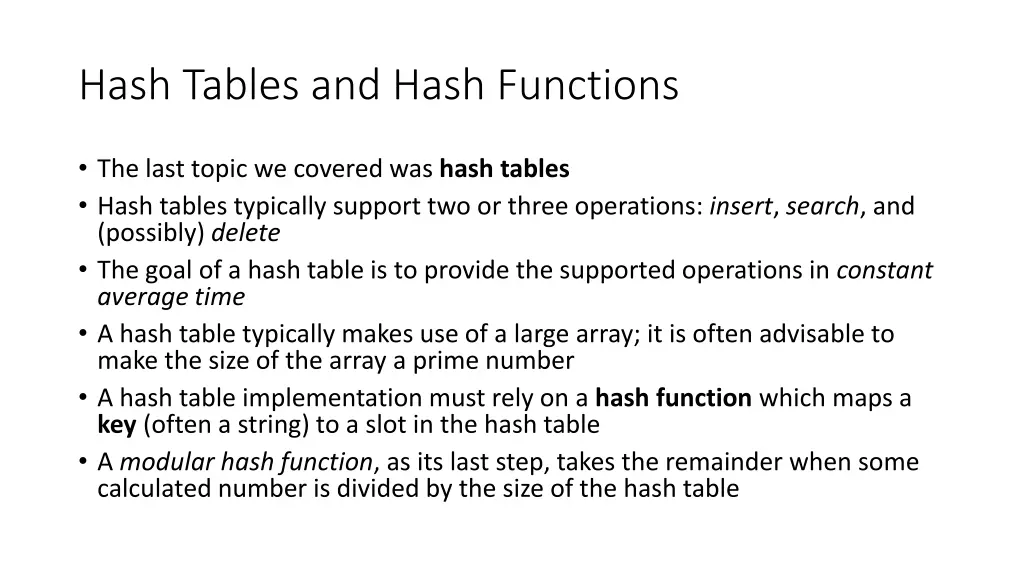 hash tables and hash functions