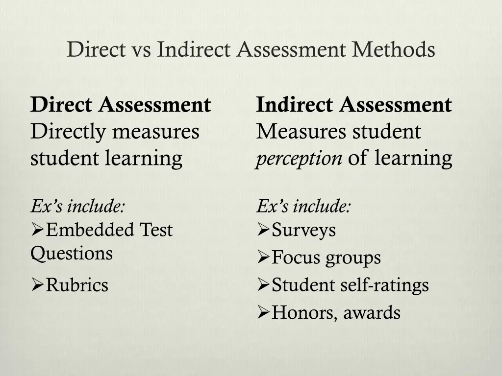 direct vs indirect assessment methods
