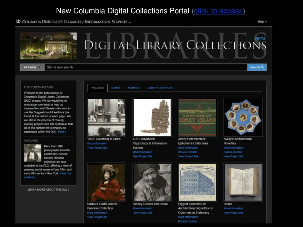 new columbia digital collections portal click