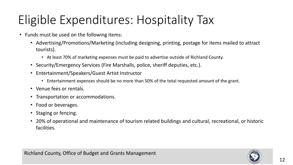 eligible expenditures hospitality tax