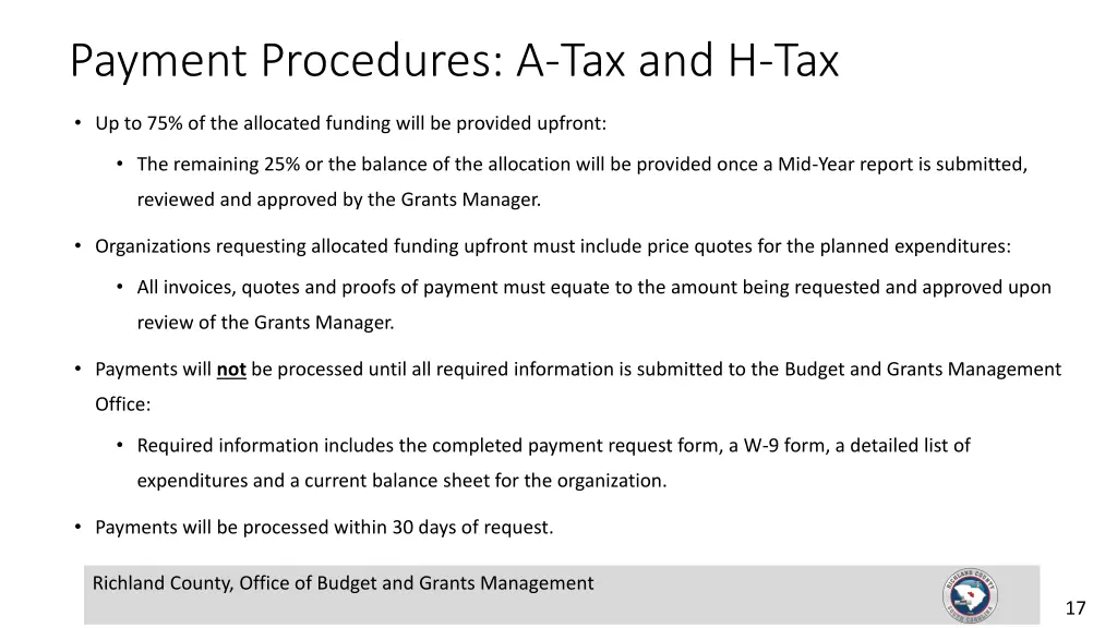payment procedures a tax and h tax