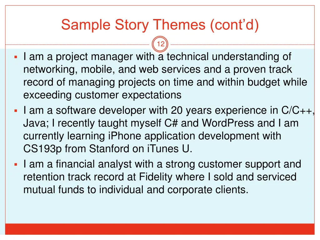 sample story themes cont d