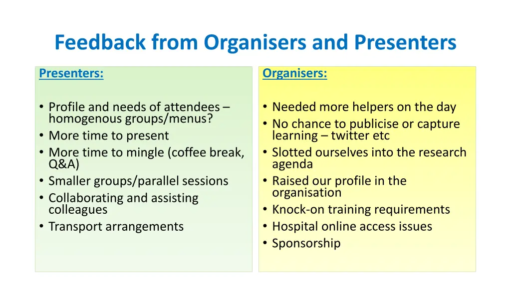 feedback from organisers and presenters