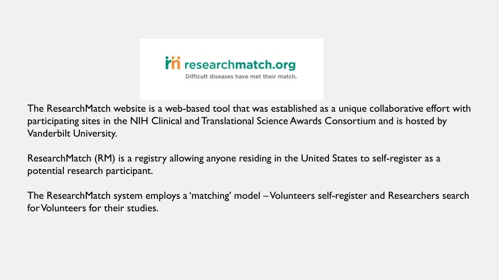 the researchmatch website is a web based tool