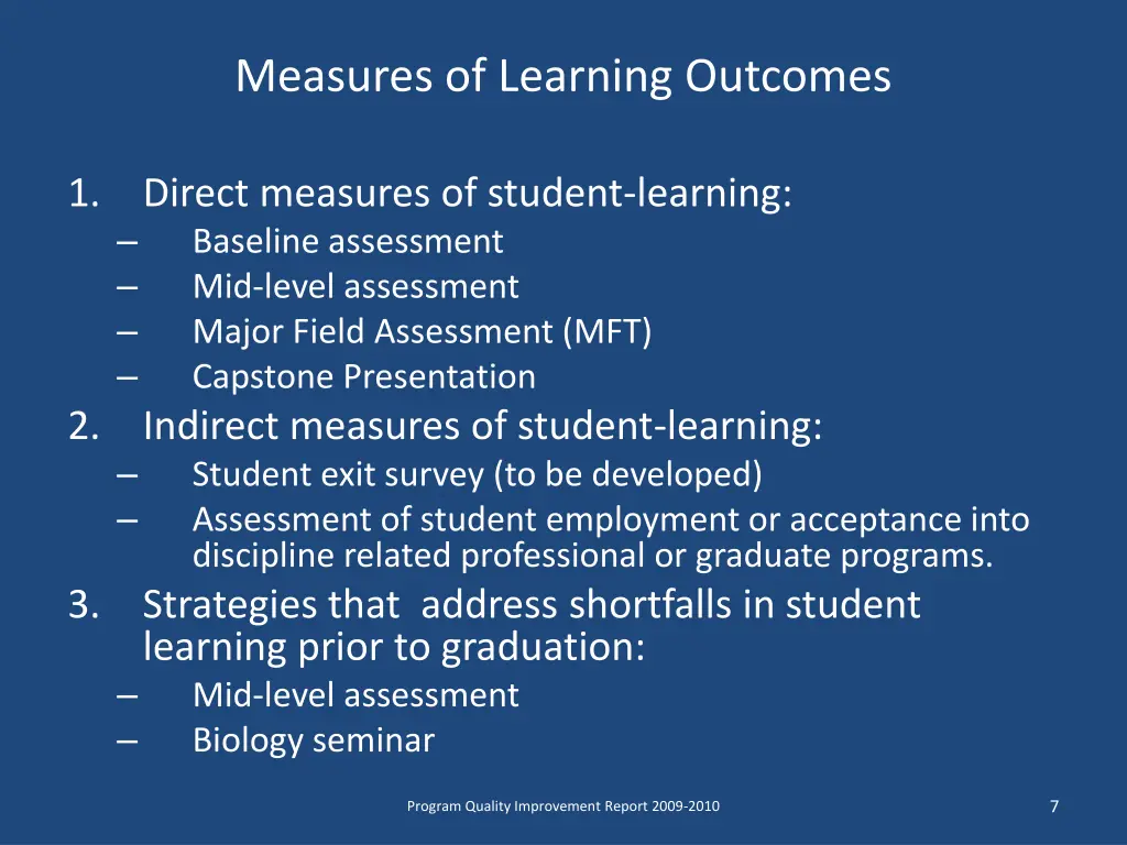 measures of learning outcomes