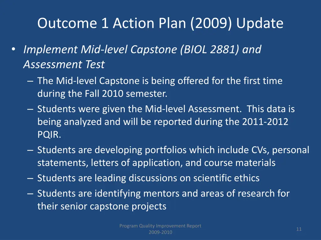 outcome 1 action plan 2009 update 2