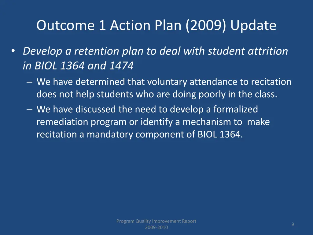 outcome 1 action plan 2009 update
