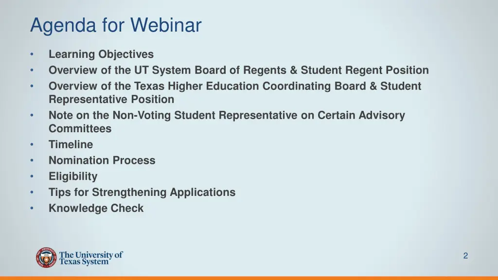 agenda for webinar