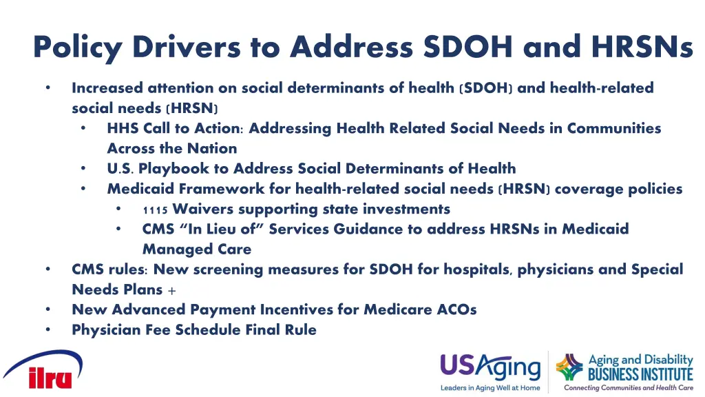 policy drivers to address sdoh and hrsns