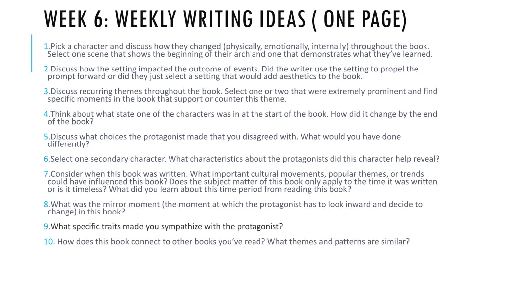 week 6 weekly writing ideas one page