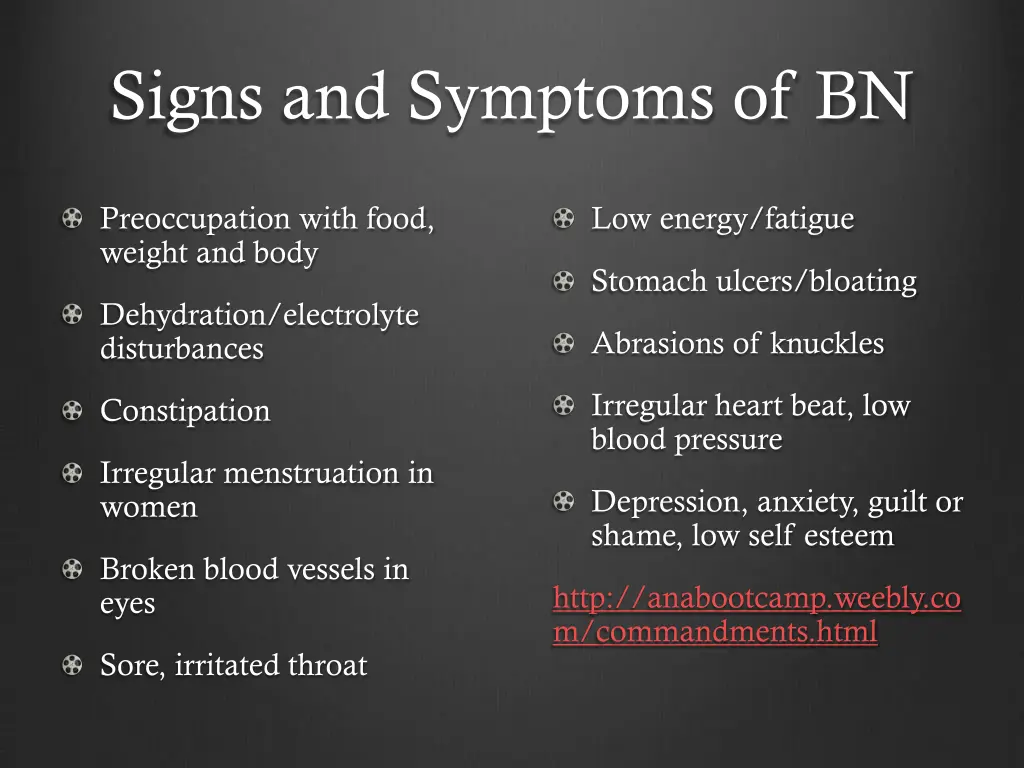 signs and symptoms of bn