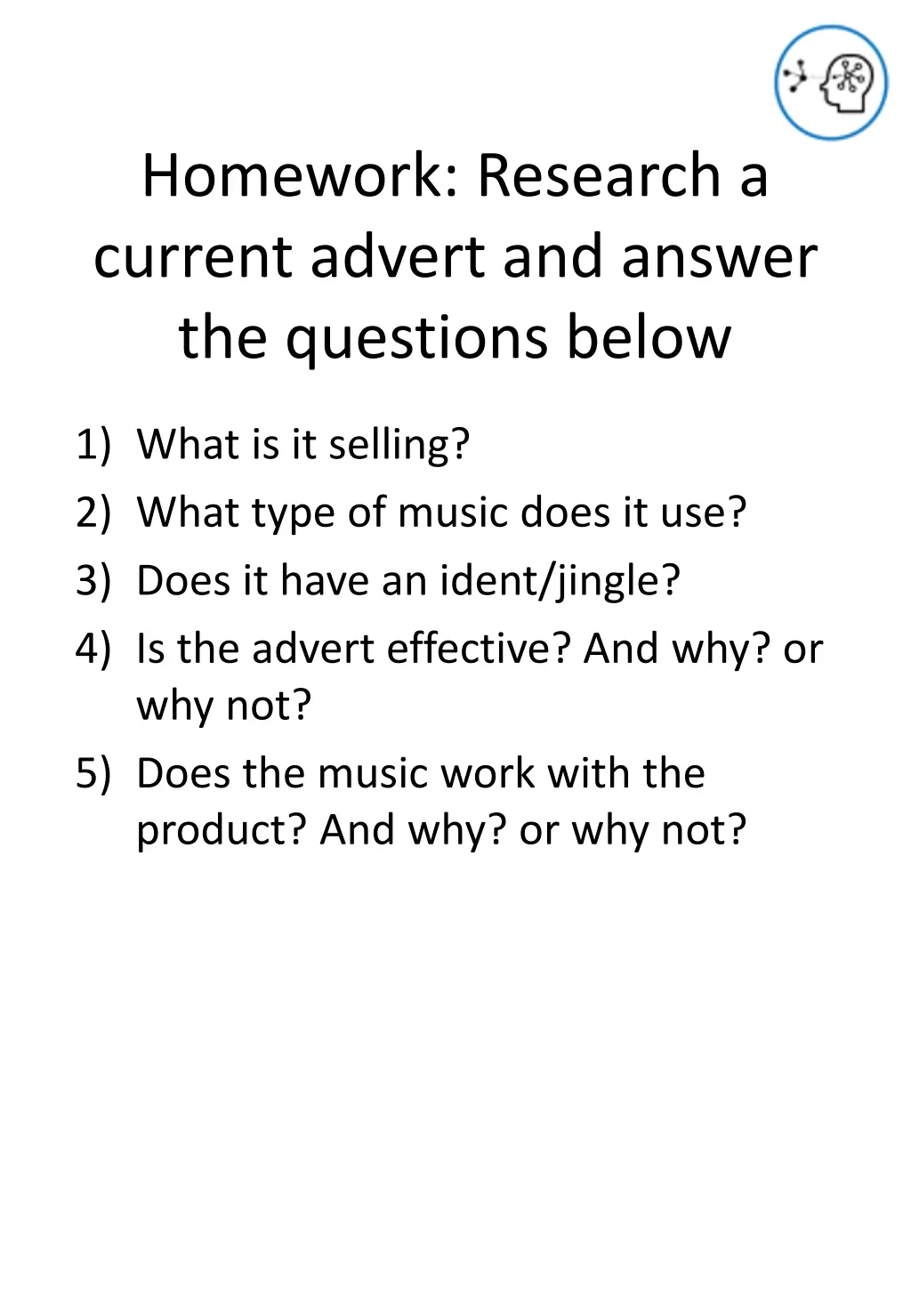 homework research a current advert and answer