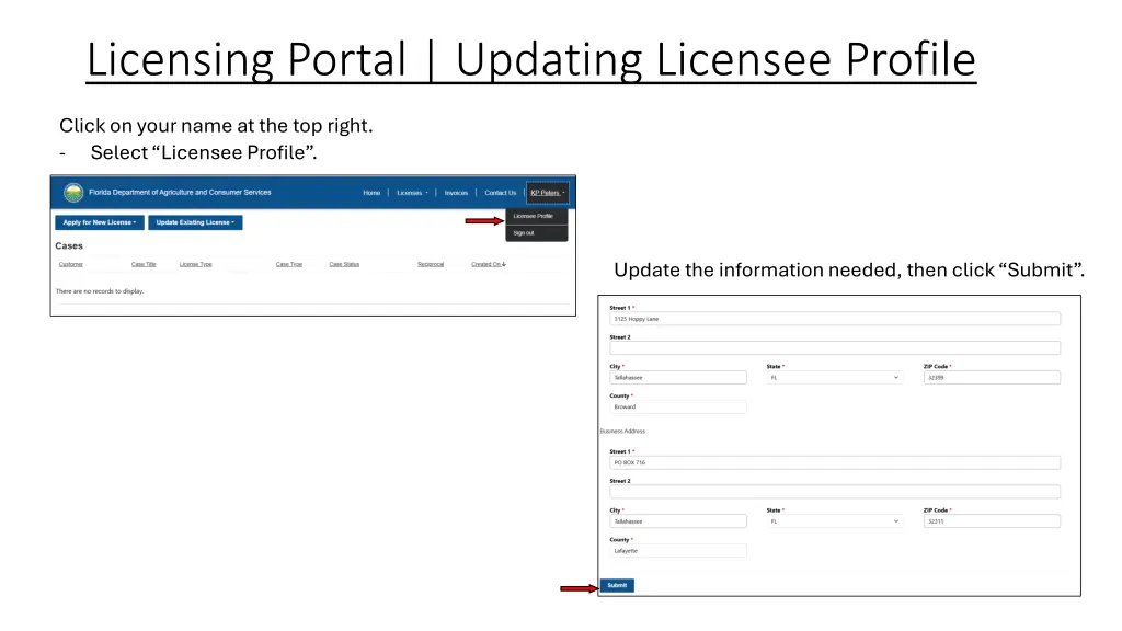 licensing portal updating licensee profile