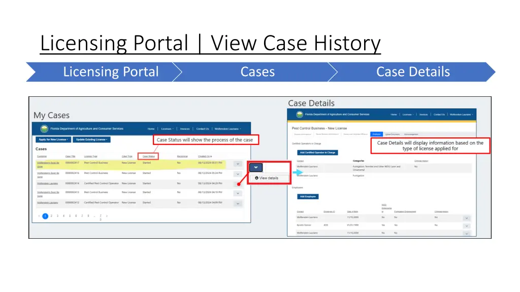 licensing portal view case history