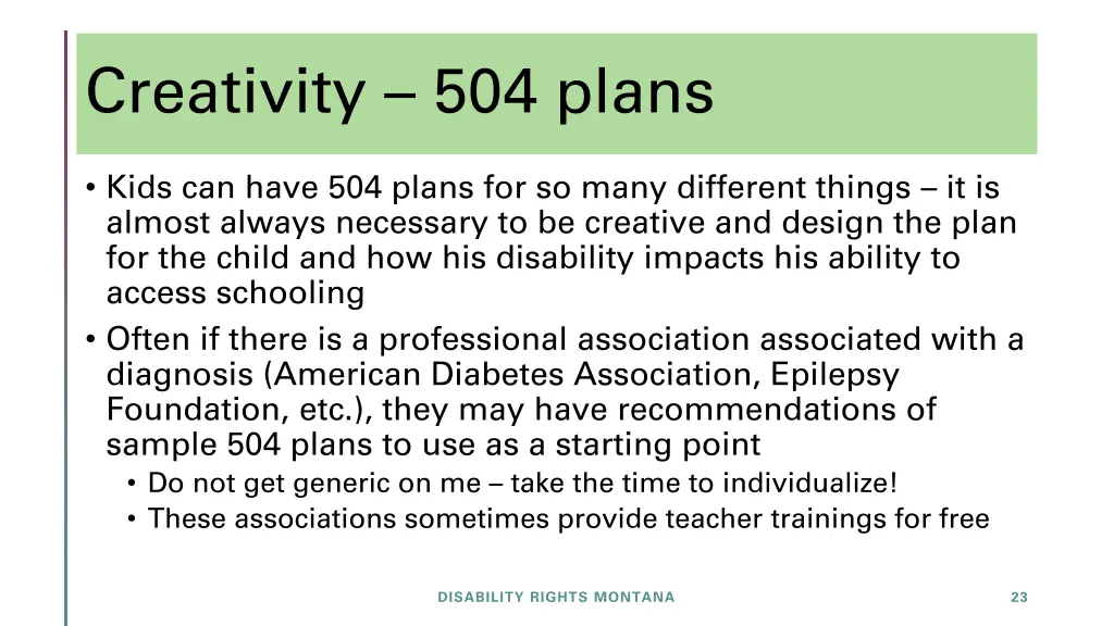 creativity 504 plans