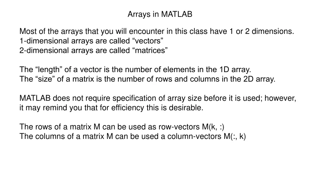 arrays in matlab