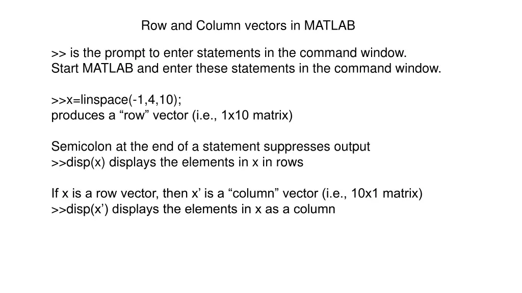 row and column vectors in matlab