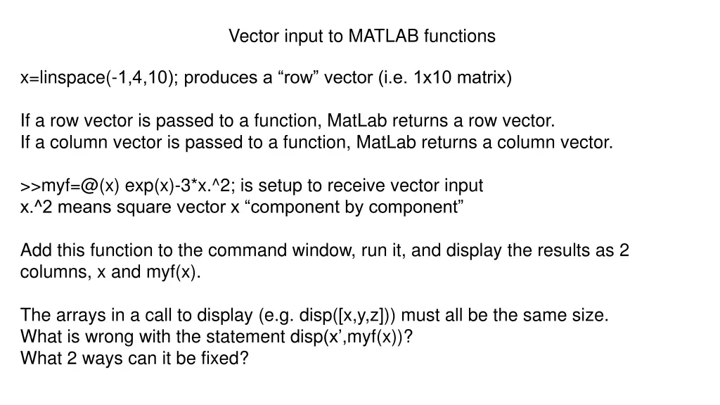 vector input to matlab functions