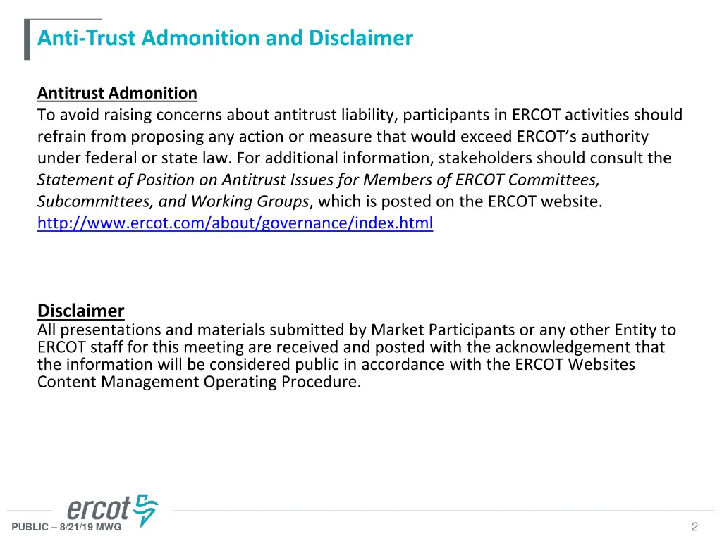 anti trust admonition and disclaimer