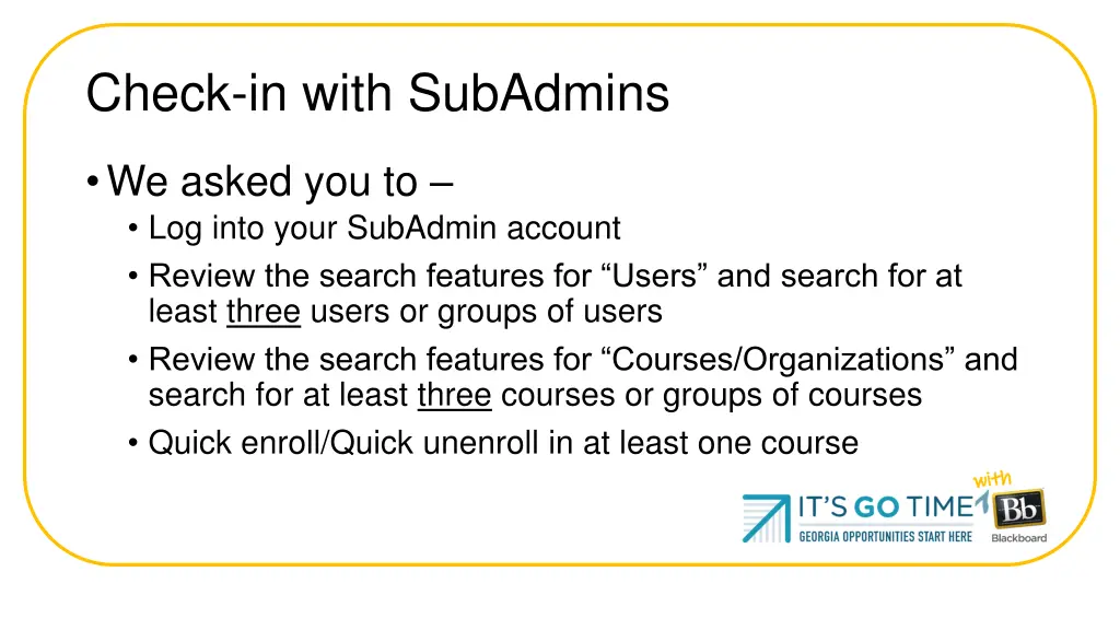 check in with subadmins