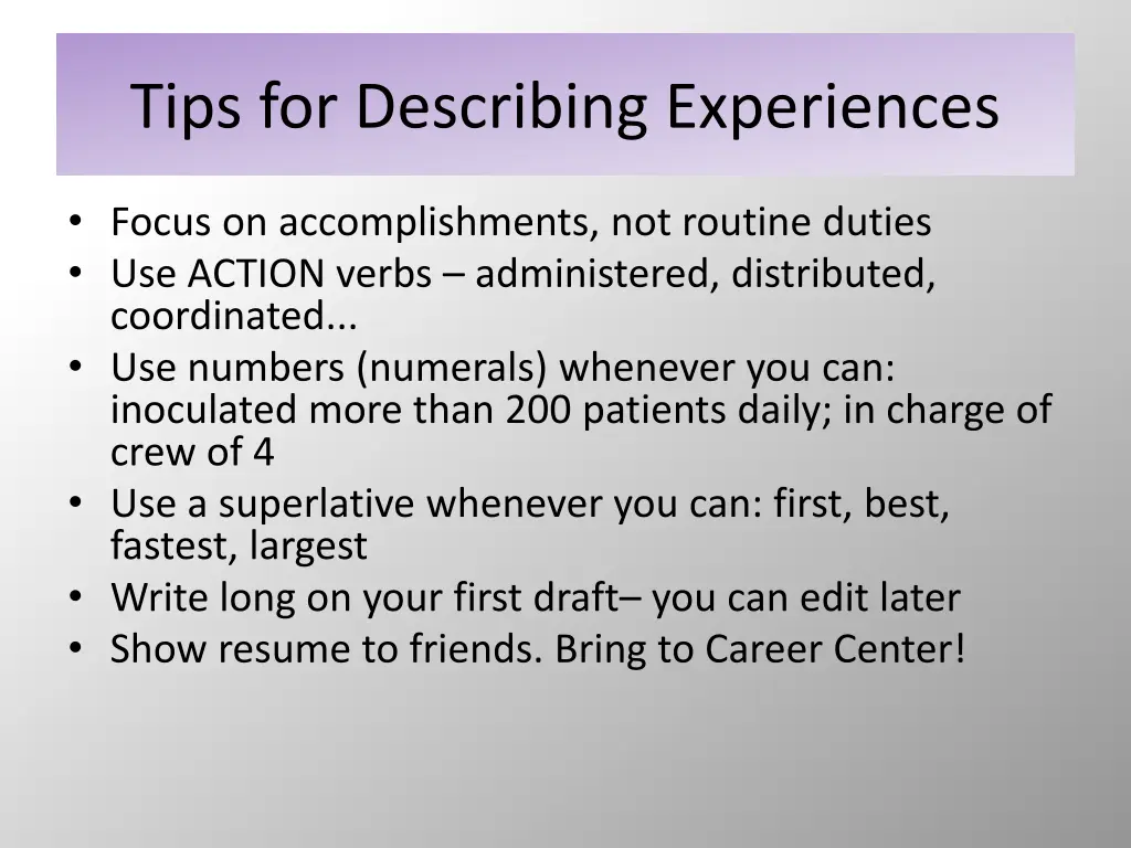 tips for describing experiences