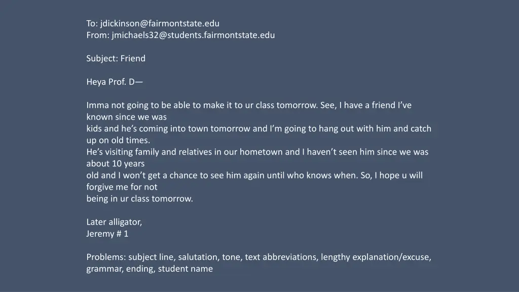 to jdickinson@fairmontstate edu from