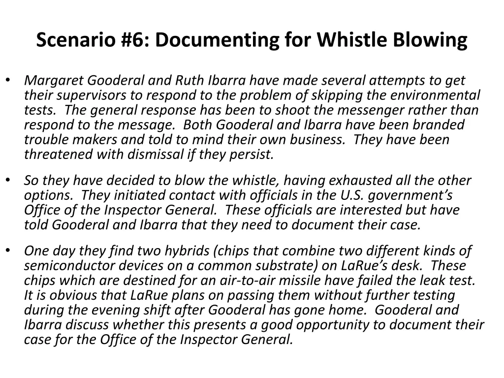 scenario 6 documenting for whistle blowing