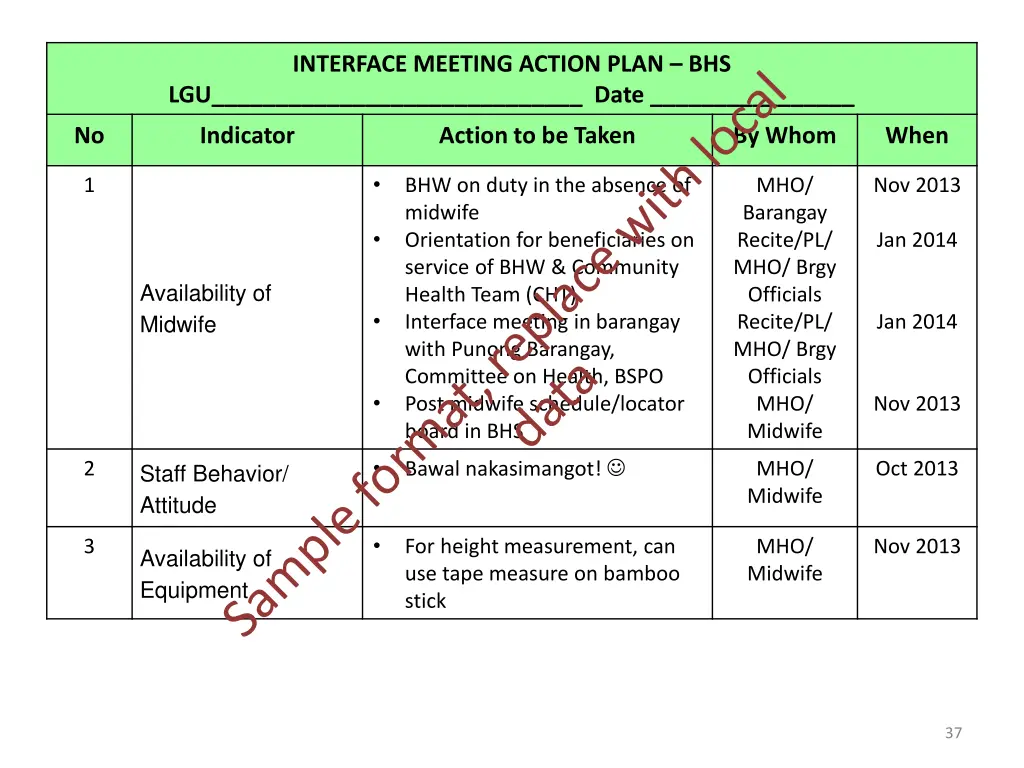 interface meeting action plan bhs lgu date