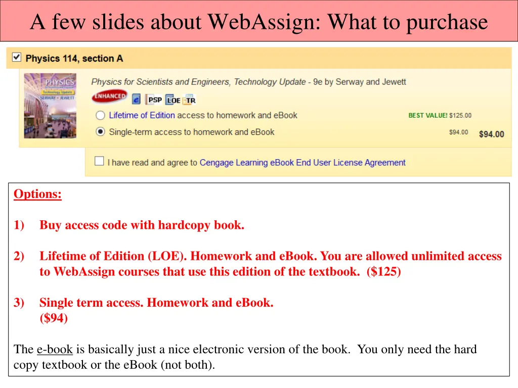 a few slides about webassign what to purchase 1