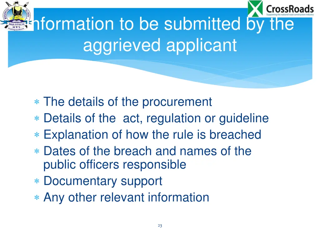 information to be submitted by the aggrieved