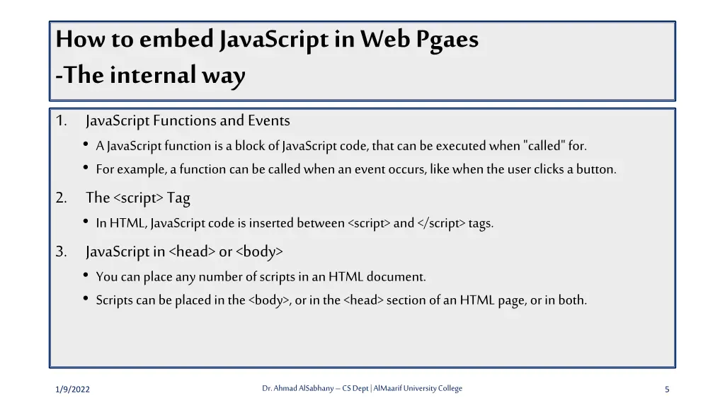 how to embed javascript in web pgaes the internal